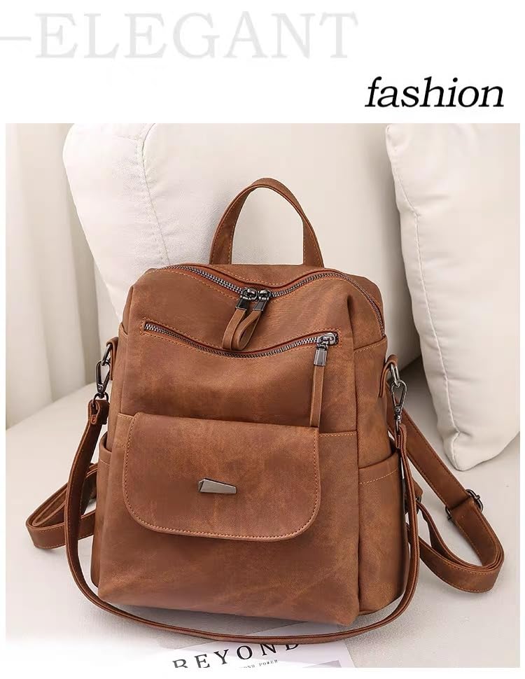 BOHJPIS Rucksack Damen Wasserdicht Leichtgewicht PU Mode Reisen Mehrzweck Umhängetasche Handtasche schulrucksack (Braun)