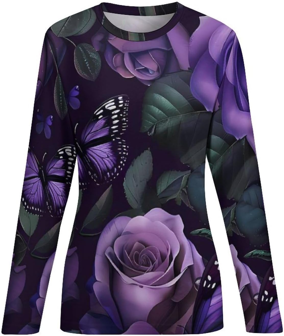 Purple Roses And Butterfly Women's Pajama Top Sleepwear Pajamas Sleep T-Shirt Long Sleeve Shirt Crewneck Tee