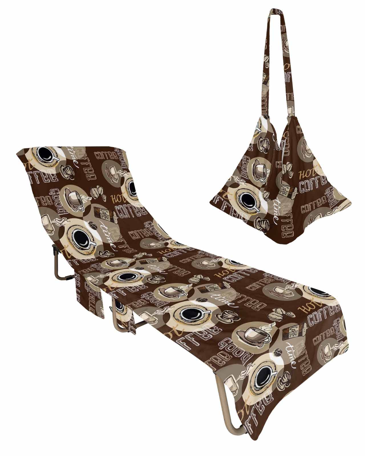 Coffee Beach Chair Cover with Pockets, Microfiber Quick Dry Chaise Lounge Cover, Coffee Cup Bean Doodle Sketch Vintage Brown Pool Lounge Chair Covers Towel for Sunbathing Patio Garden