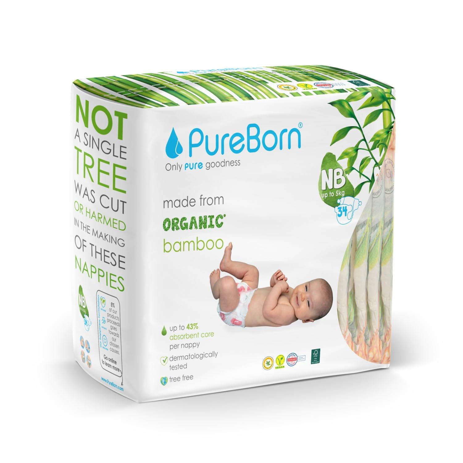 PureBorn Organic Disposable Baby Diapers For Newborn I Super Soft I Maximum Leakage Protection I Made with Organic Bamboo I Single (Pack Of 34 Pcs) I Size NB (Upto 5 Kg), 1 count