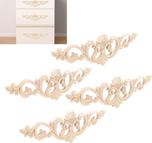 Miniatura 3 de 4 piezas de apliques de madera tallada onlay, apliques largos tallados en madera para muebles, juego de calcomanías decorativas sin pintar para