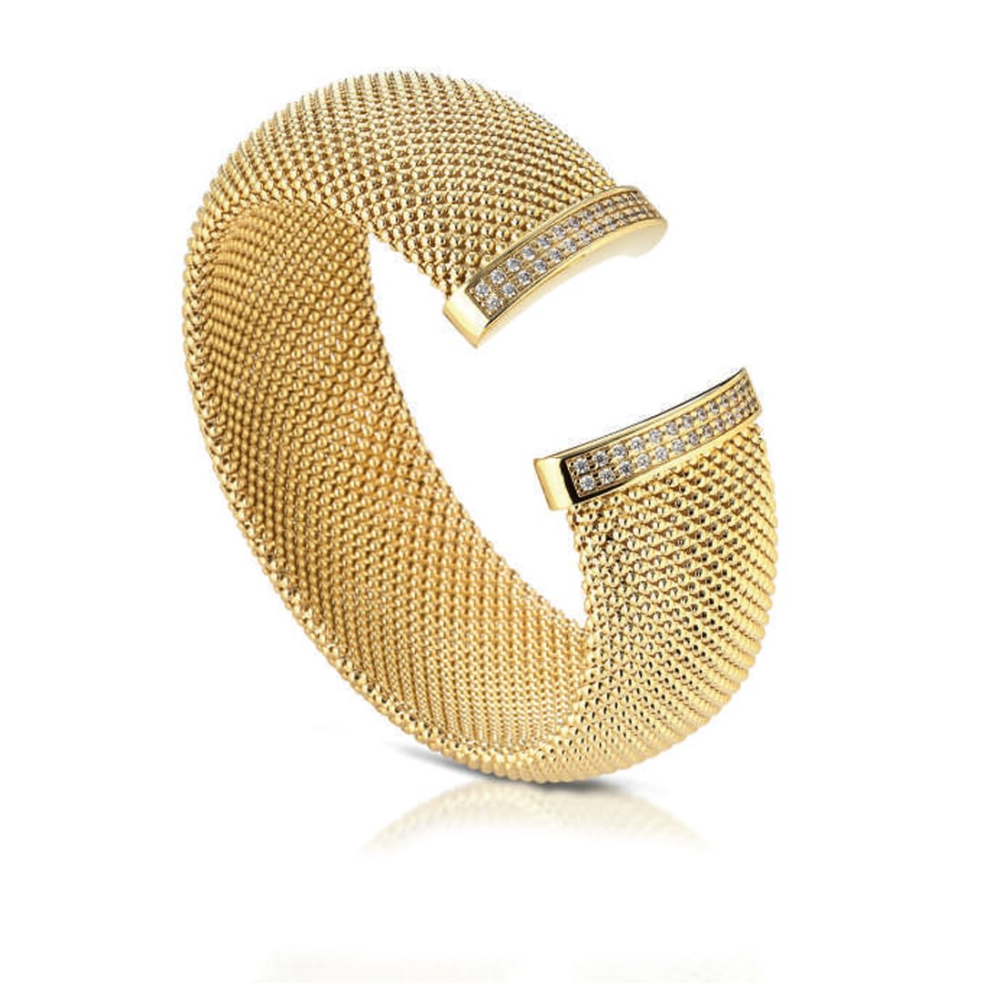 Bracciale donna rigido largo in bronzo dorato con cristalli bianchi misura regolabile gioiello ragazza donna elegante Made in Italy