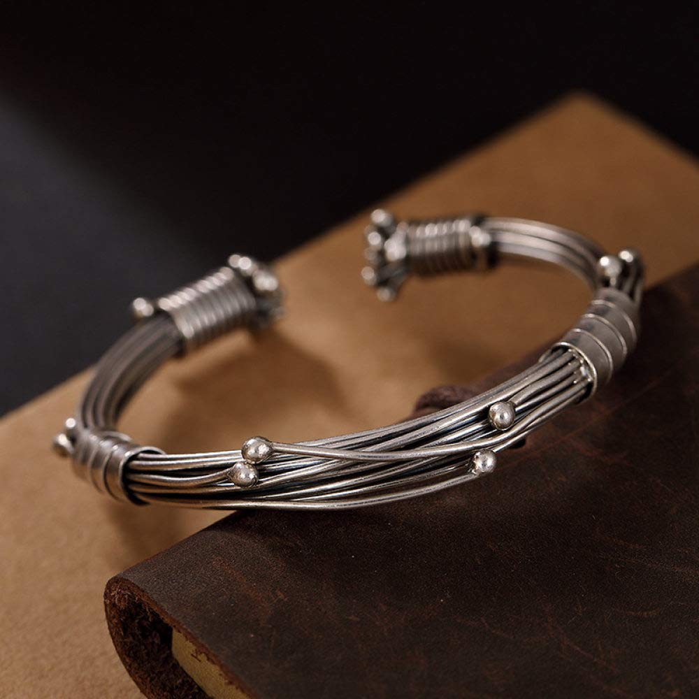 S925 Vintage Pulsera De Plata para Mujeres Hombres Apertura Trenzado Simple Y Sencillo Estilo Chino Personalidad Creativa Encanto Hermoso Regalo