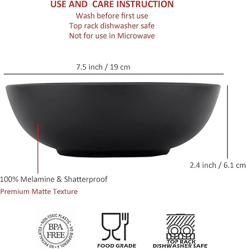 Miniatura 2 de KOXIN-KARLU Tazones de melamina, cuencos de pasta de 7.5 pulgadas, juego de 6 unidades, color negro