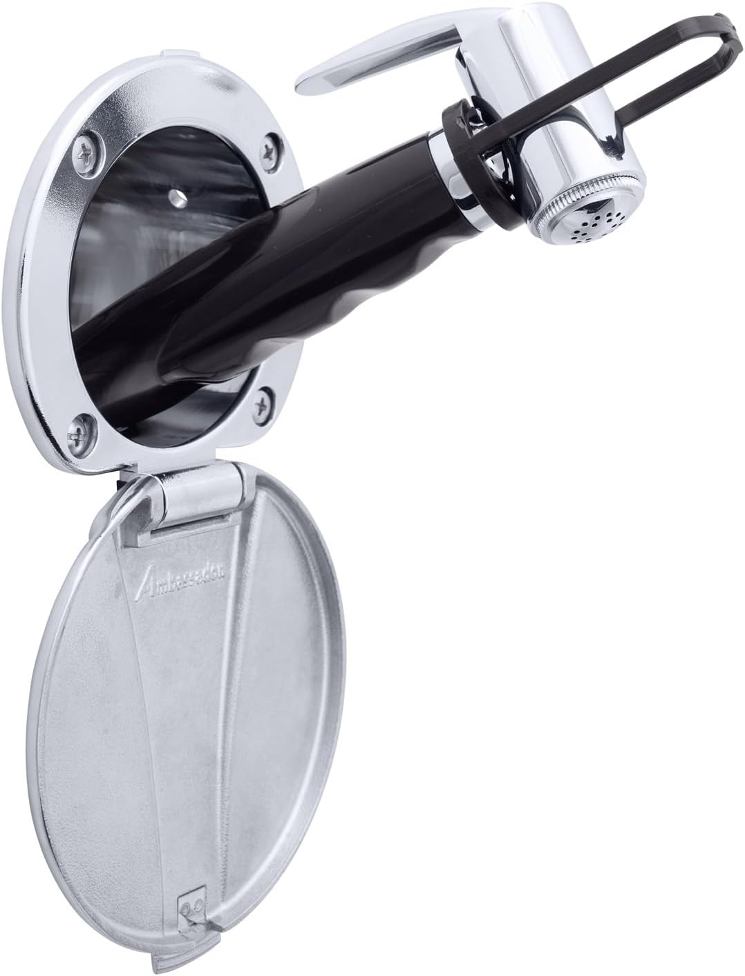 Ambassador Marine Recessed Shower- Chrome Cup with Stainless Steel Lid, Hammer-Head Black Sprayer, 6' Stainless Steel Hose - 136-0043-CP-W