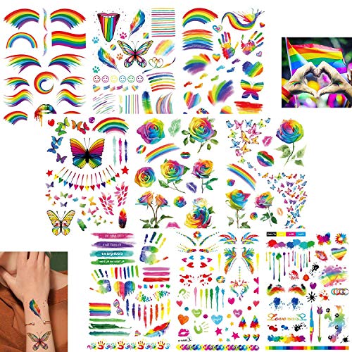 9 Sheets Rainbow Tattoos Rainbow Stickers Temporary Waterproof Tattoos for Pride Parades and Celebrations