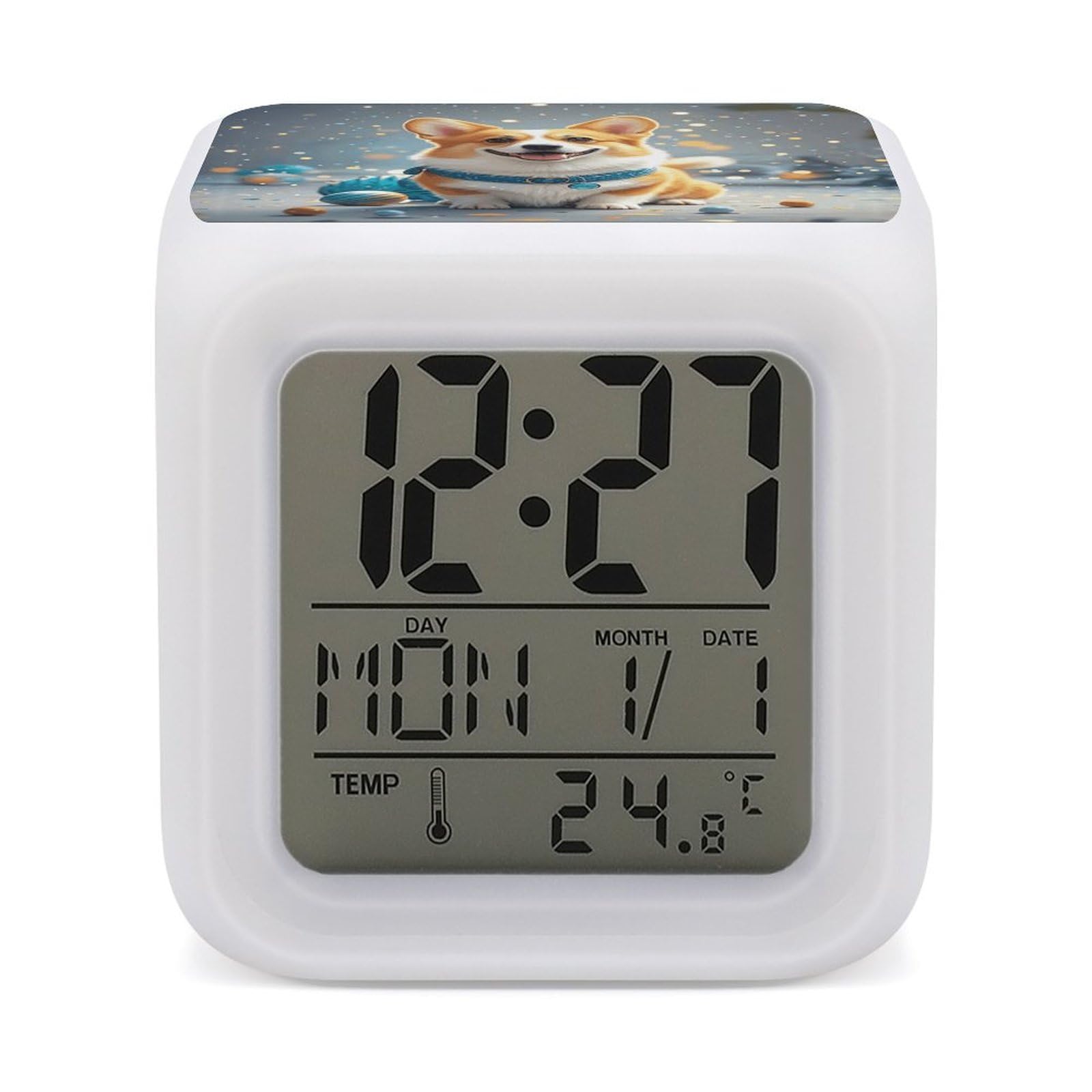 Reloj despertador Corgi digital con pantalla LED grande y 7 colores