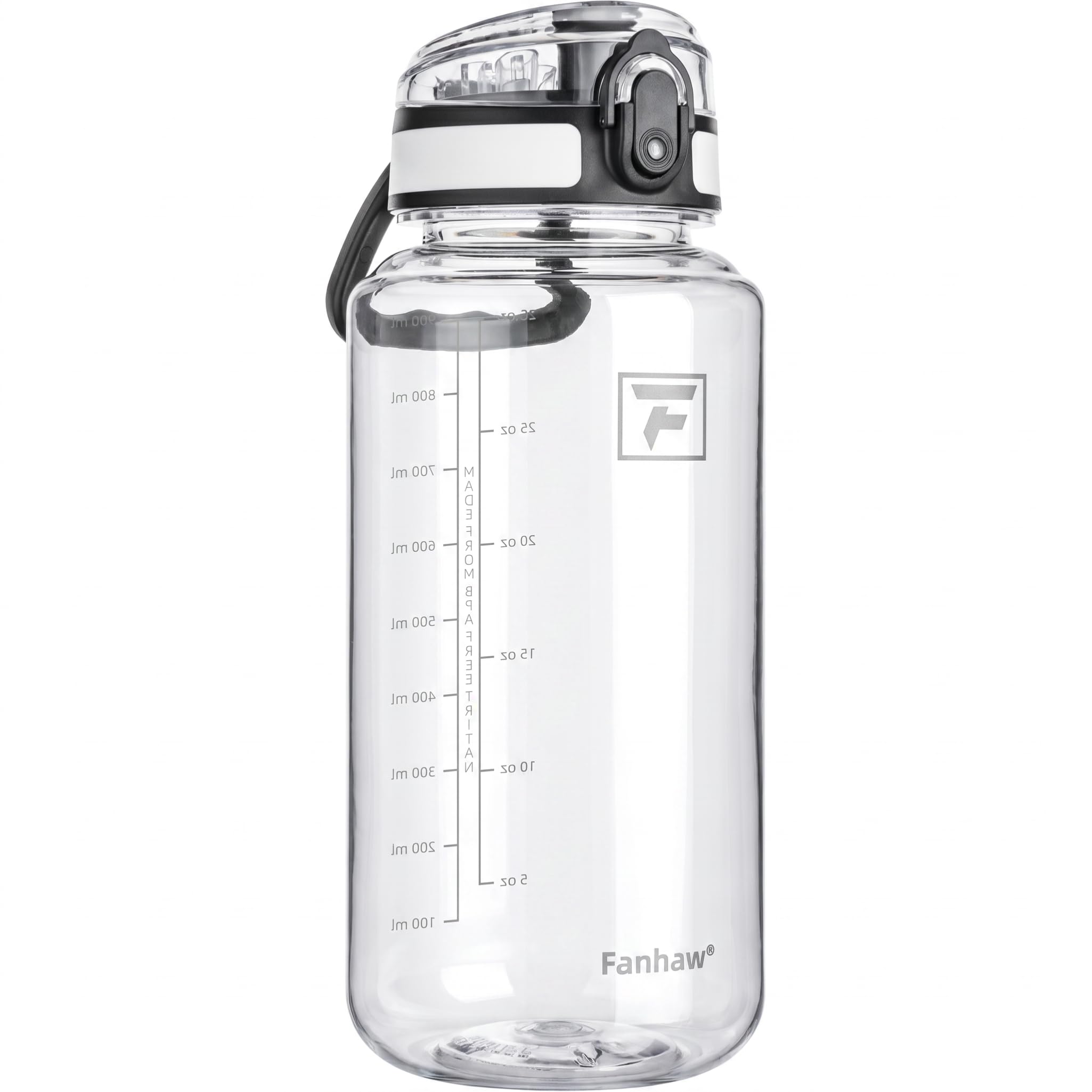 Fanhaw Botella de agua de plástico de 32 onzas con tapa para beber, para deportes, mujeres, hombres, Tritan a prueba de fugas sin BPA con tapa antipolvo (transparente y blanco)