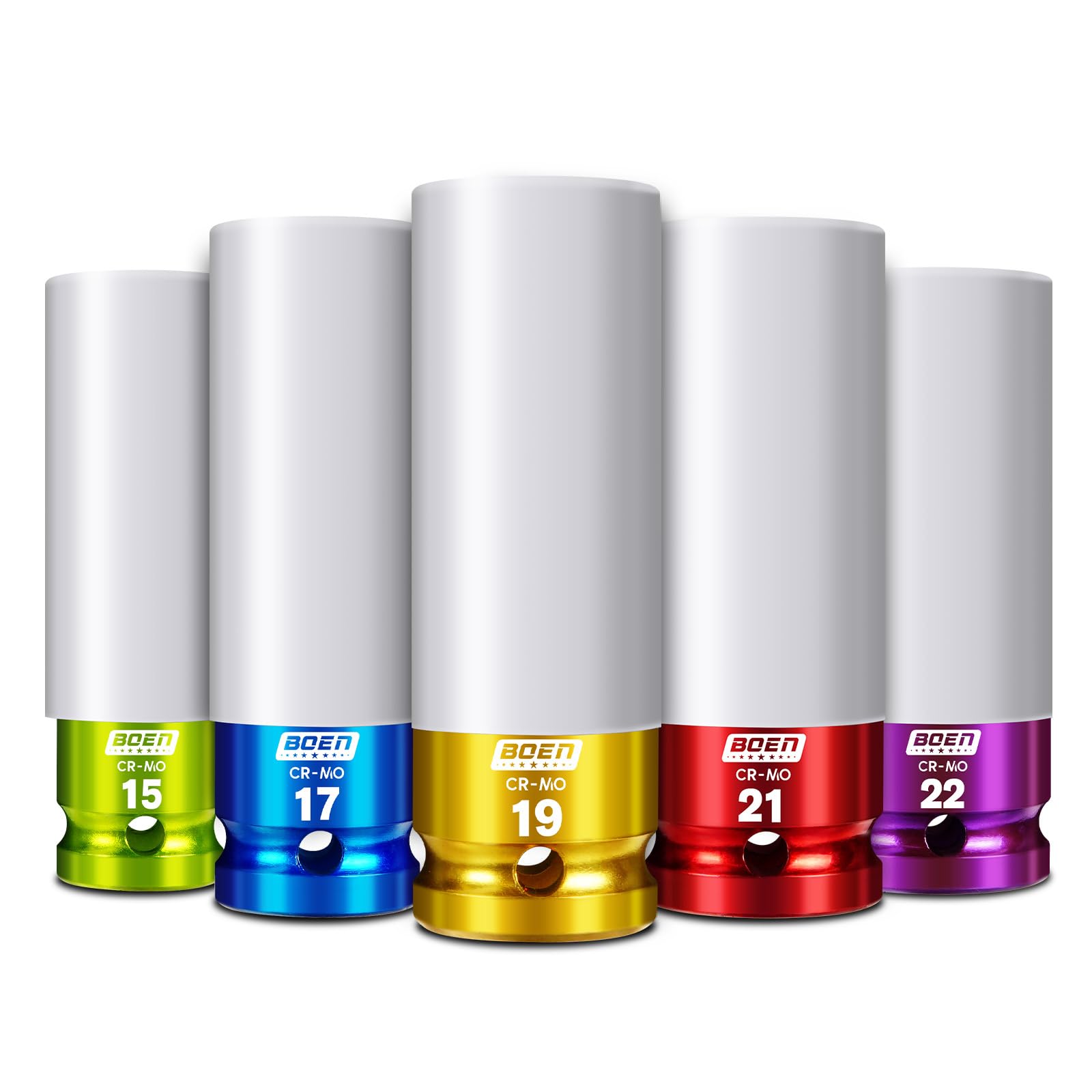 1/2" Antrieb Schlagschrauber Nüsse set, 5-teilig, Metrisch(15 17 19 21 22 mm), Cr-Mo Schonnüsse Set, Dünnwandig für Alufelgen Radwechsel mit Felgenschutz, 6-Punkt, farbig elektroplattiert