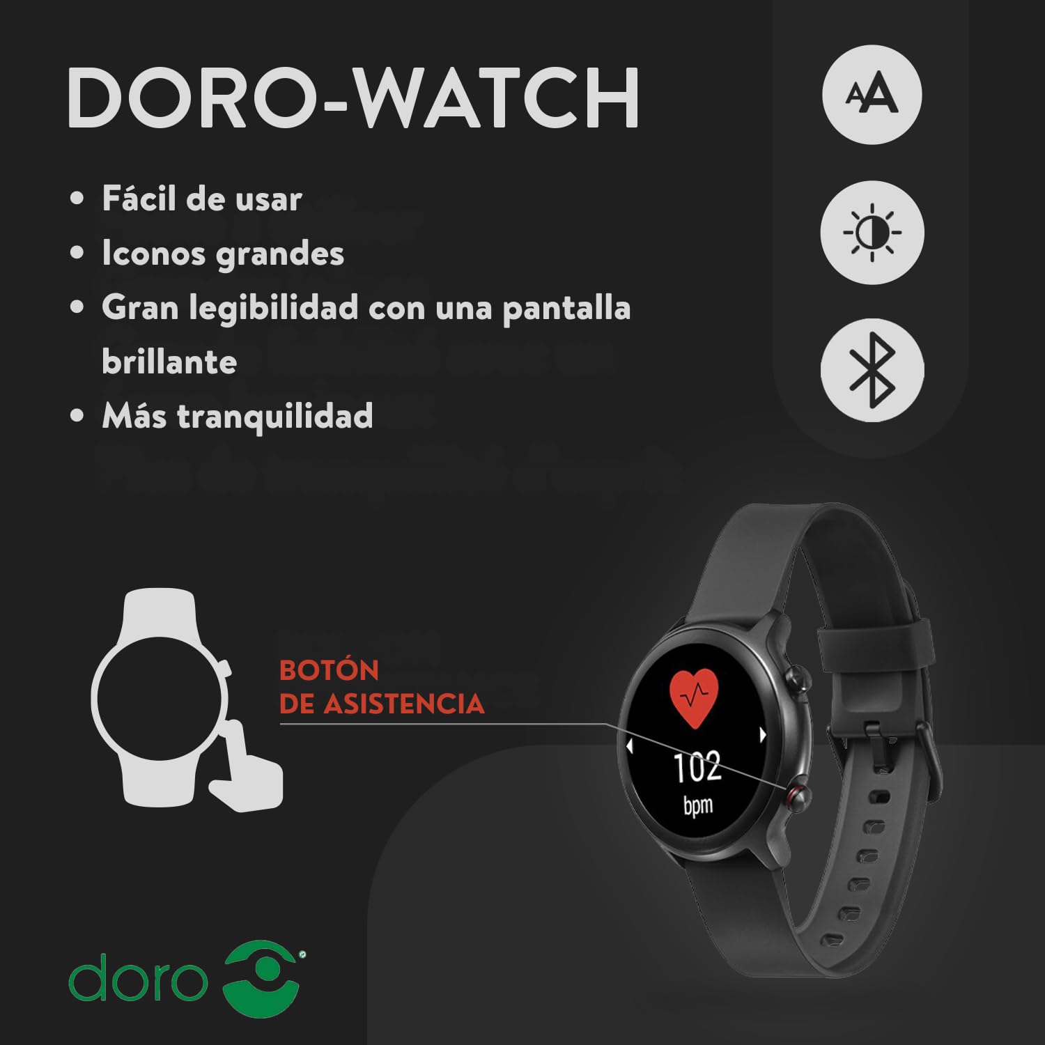 Doro Watch - Reloj Inteligente Mayores - Smartwatch Hombre y Mujer - Reloj Digital - Fitness - Pulsera Actividad - Reloj Seniores Resistente al Agua - Podómetro - Pulsómetro - Android y iOS (Negro)