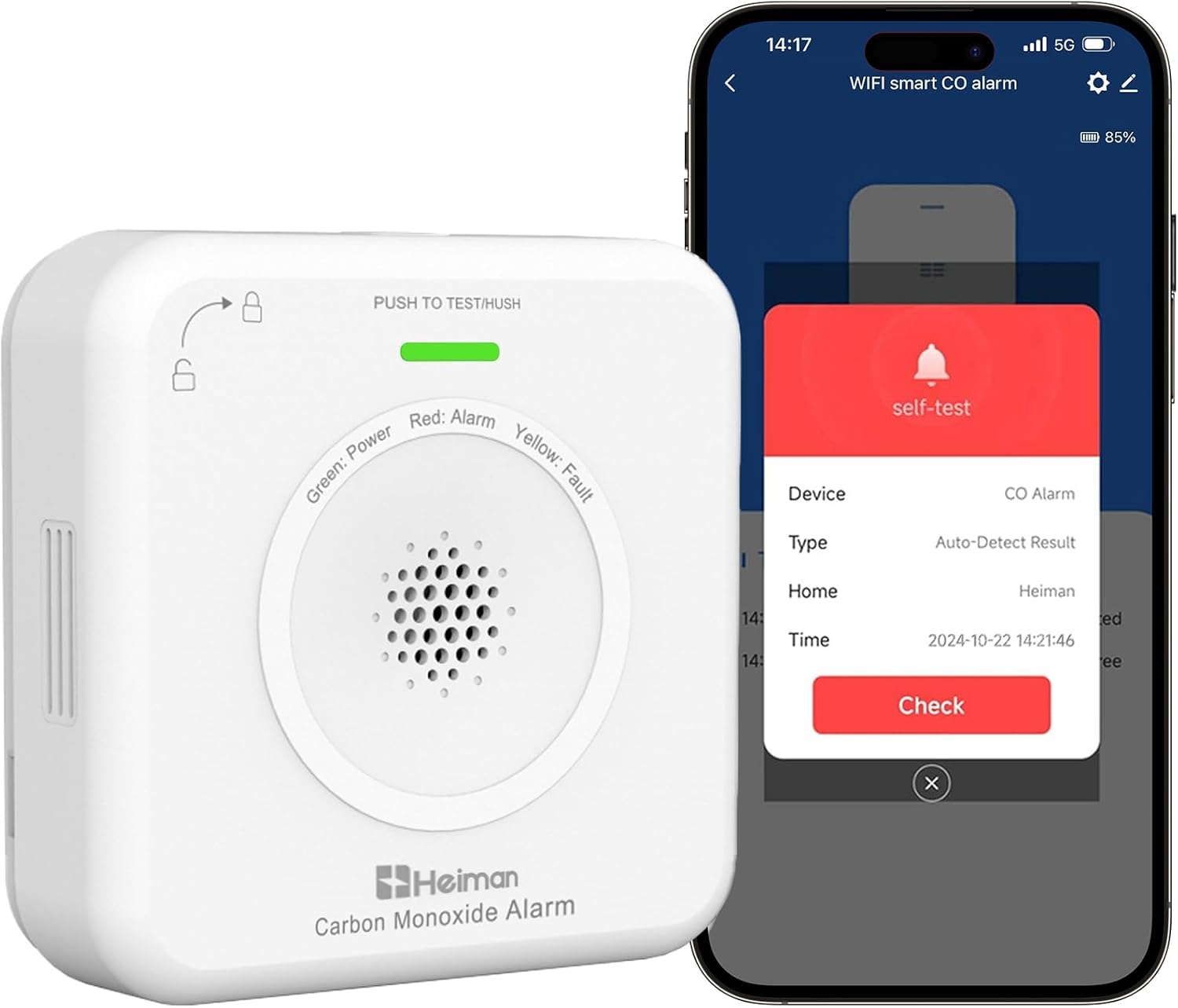 HEIMAN Detector de monóxido de carbono Wi-Fi, Detector de CO con vida útil de 10 años, EN50291, Detector de monóxido de carbono inteligente con aplicación Tuya y SmartLife, Portátil (WS-725ES)