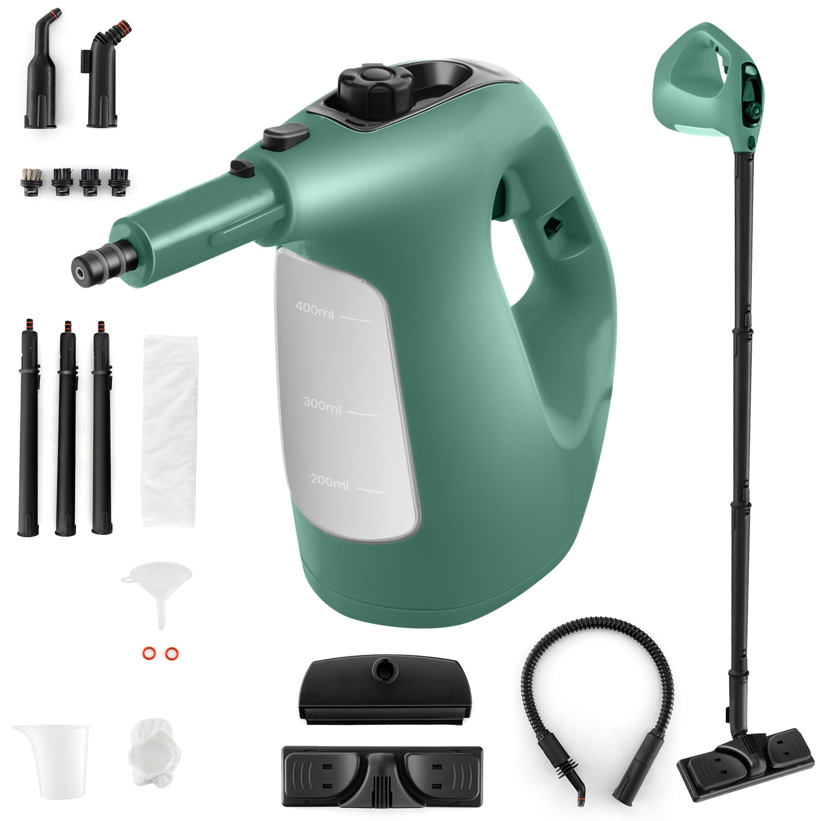 SOARS limpiador a Vapor con 14 Accesorios, Limpiador de Vapor: 2 bar, máx. 125 ℃, Listo en 1 Min, Potente 1500W, Depósito: 400ML, para Alfombras, Suelos y Ventanas (Verdor)