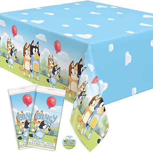 Unique Bluey Birthday Party Supplies - Rectangular Plastic Table Covers (Pack of 2) and Sticker