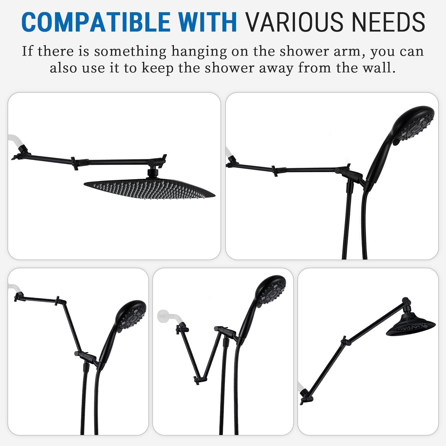 G-Promise 18 Inch Shower Extension Arm, Solid Brass Height & Angle Adjustable Extender, High-Flow Shower Diverter Valve with Pause Mode