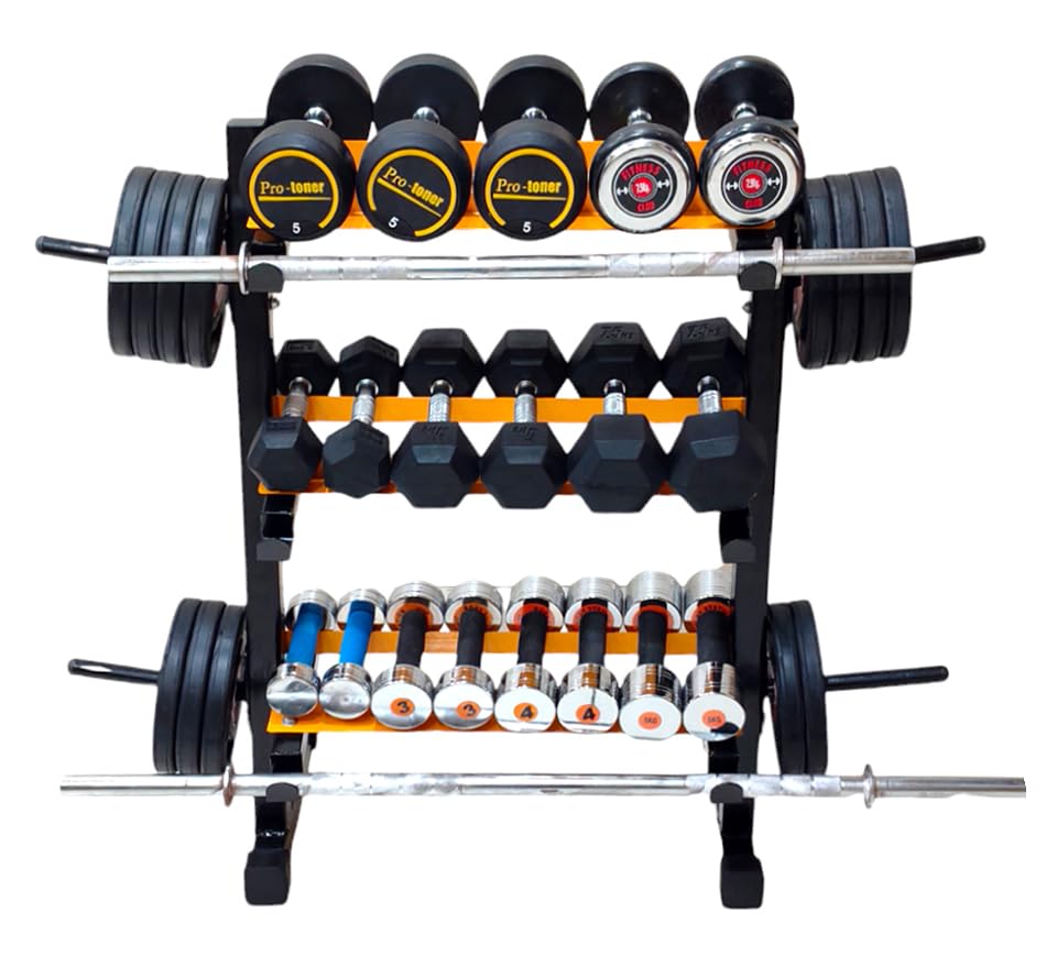 Protoner 3 in 1 Dumbbell Rack, Plate Stand and bar Holder (Black and Yellow)