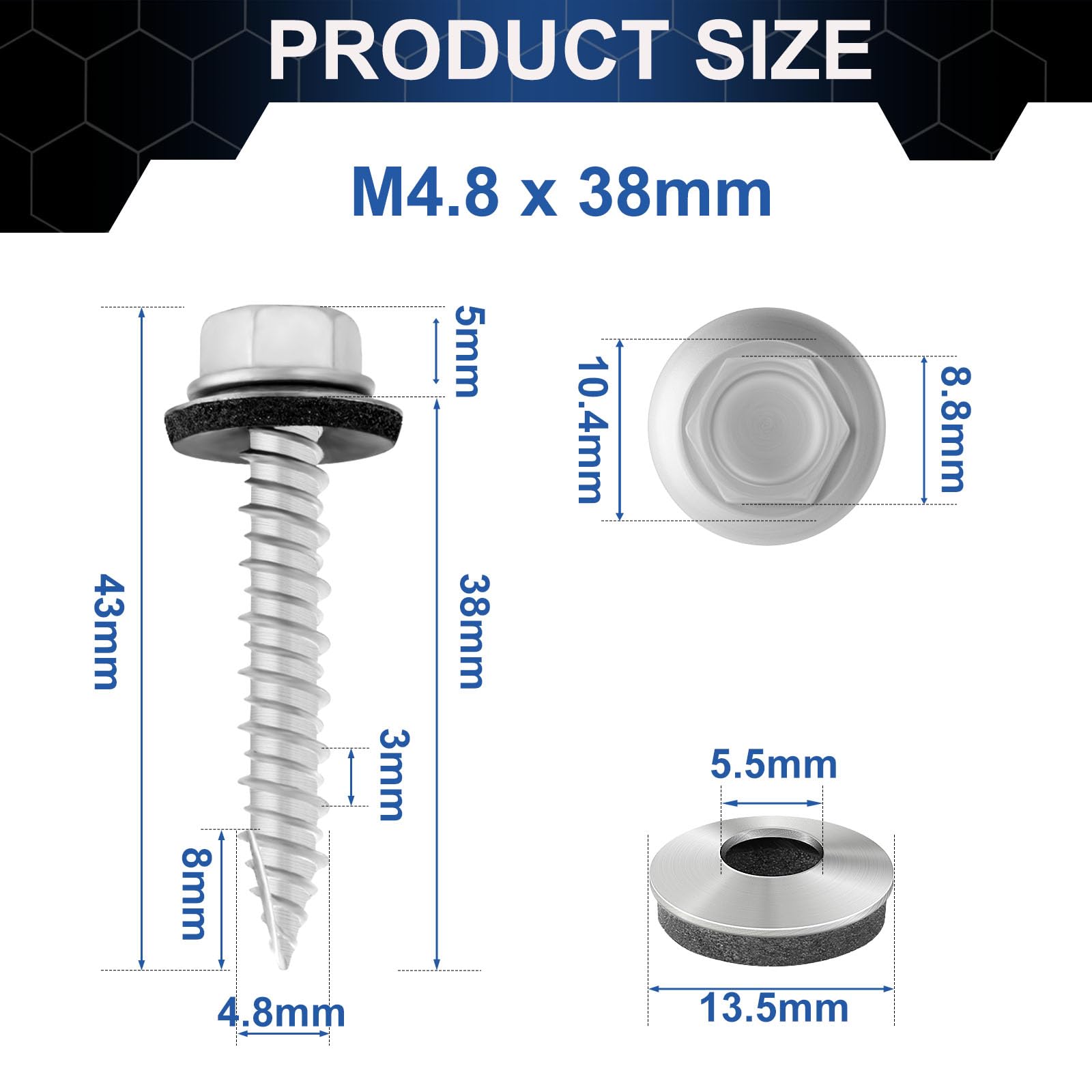 FandWay M4.8x38mm Self-Drilling Roofing Screws,100pcs Hex Head Sheet Metal Tek Screws,Rust Epoxy Coated Self Tapping Wood Siding Screw With EPDM Washer and Hex Drive for Corrugated Roofing - Image 3