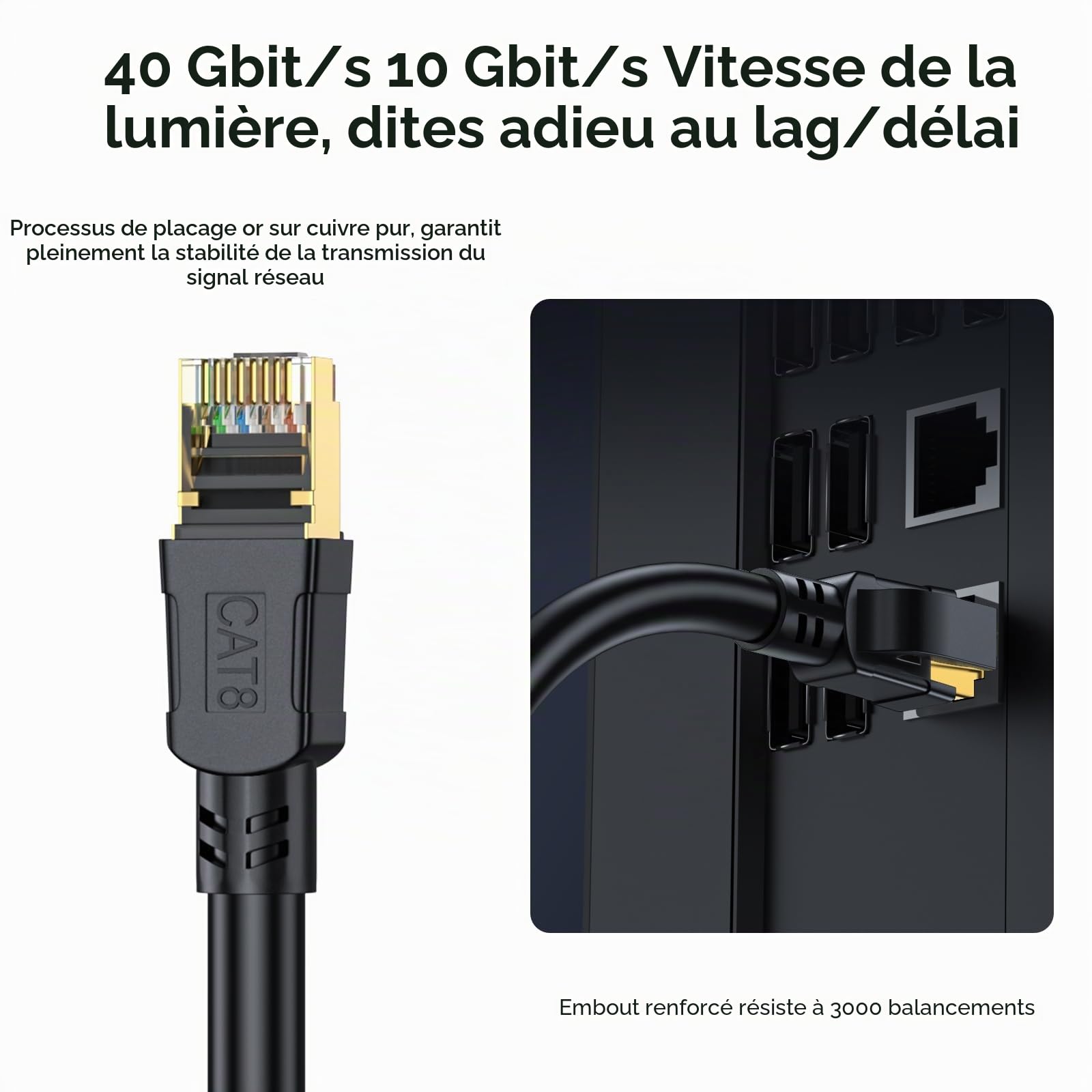 Câble Ethernet Cat 8 50m Haute Vitesse 40 Gbit/s, 2000 MHz, 26 AWG, Cable RJ45 Plaqué Or, Pour Routeur/PC/Jeux/Modem, Plus Rapide que Cat7/Cat6/Cat5