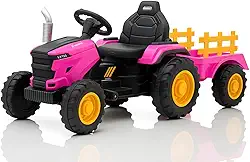 Trator Elétrico Infantil 12V Controle Remoto Som Luz e Carreta (Rosa)