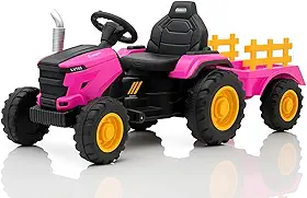 Trator Elétrico Infantil 12V Controle Remoto Som Luz e Carreta (Rosa)