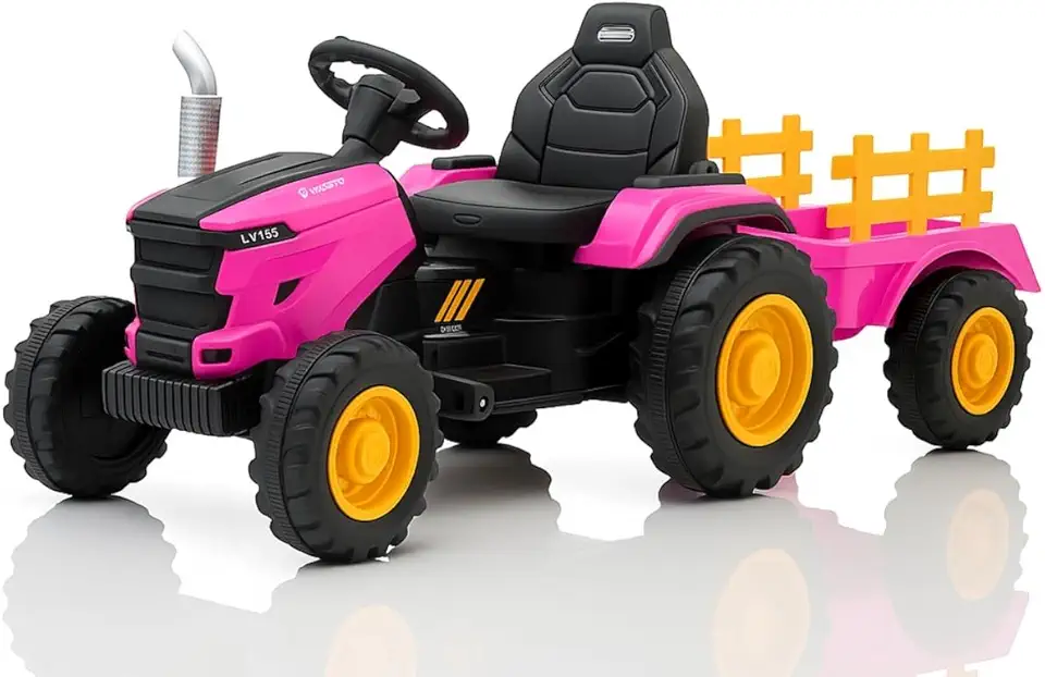 Trator Elétrico Infantil 12V Controle Remoto Som Luz e Carreta (Rosa)