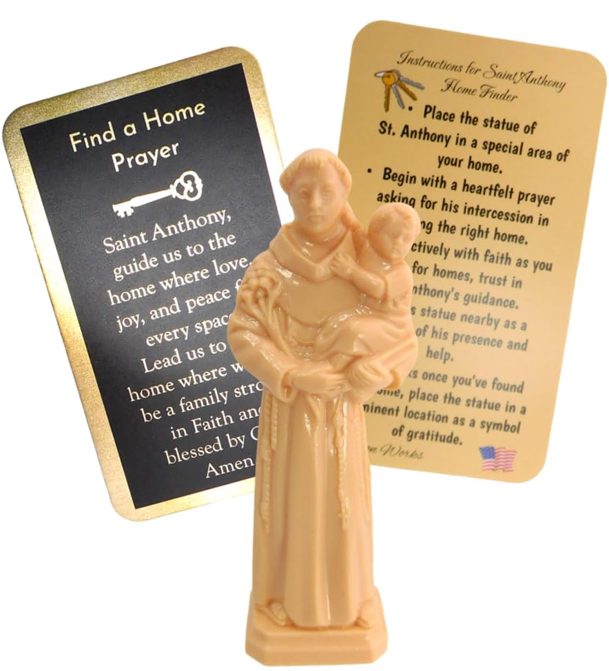 Estatua San Antonio para encontrar hogar con tarjeta de oración