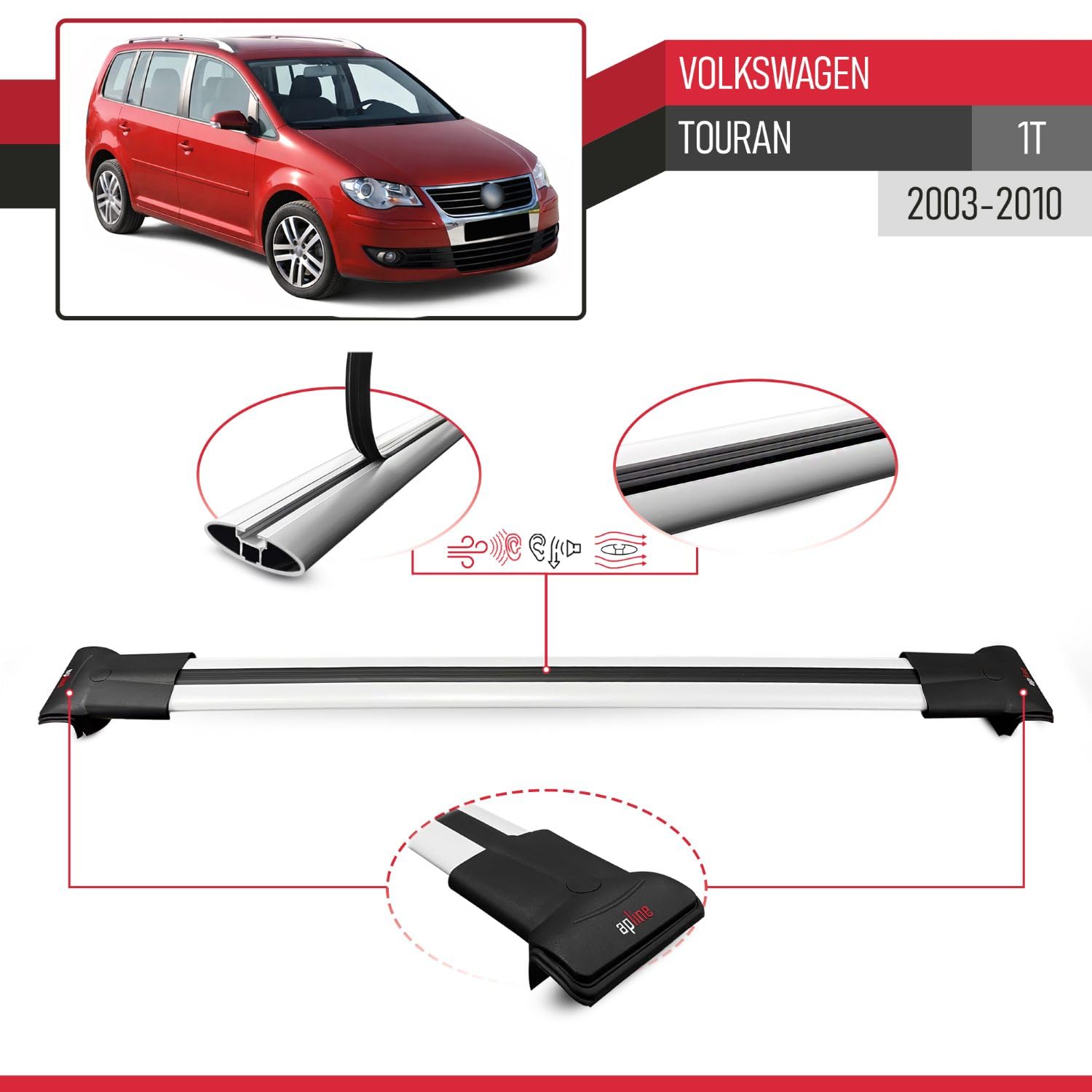 Compatible con Volkswagen Touran (1T) Pre-Facelift 2003-2010 Modelo Fly Barra de Techo Auto Portaequipajes Barras Transversales Gris Aluminio 2 Barras
