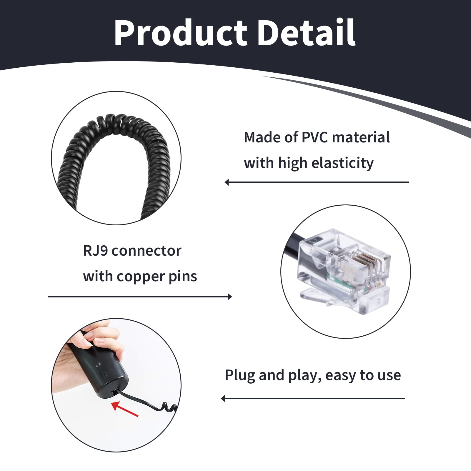 Lot de 4 Câble Téléphonique RJ9 4P4C Spiralé 5m Étendu Câble Combiné Téléphone Fixe Noir Fil de Remplacement pour Téléphone Bureau Maison Standard Universel Compatible Téléphones Fixes et Combinés