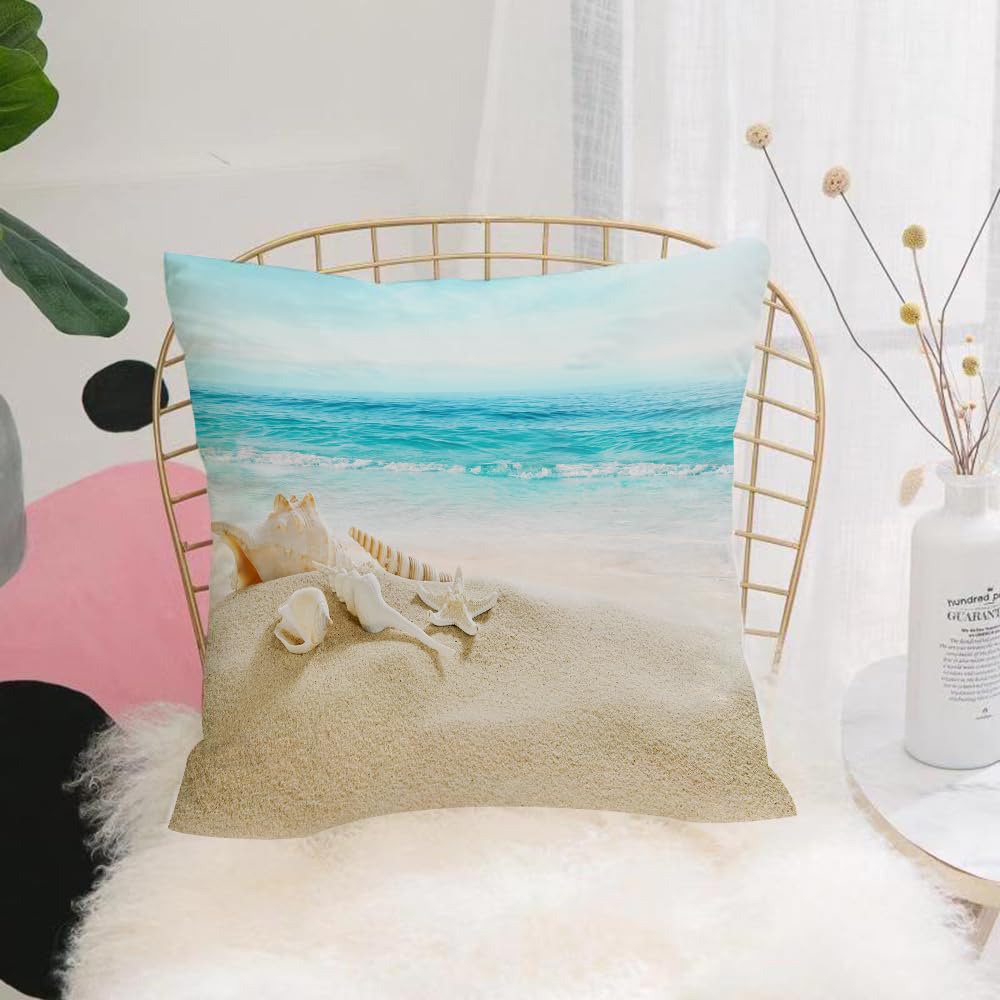 Hyosxw Shells And Starfish On The Tranquil Beach，Oc - A7 Cushion Cover,Throw Pillow Case Home Decorative For Living Room Bedroom Sofa Chair 18X18 Inch,Shells And Starfish On The Tranquil Beach，Ocean Treasures On The Beach，Seaside,Pillowcase 45X45cm