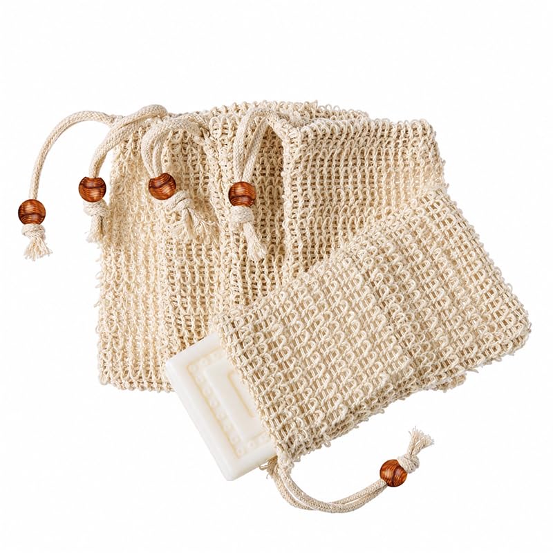 5 Pcs Sisal Soap Bags, Mesh exfoliating soap pouches with drawstring, prevent soap slipping, portable bath accessories for shower and travel use