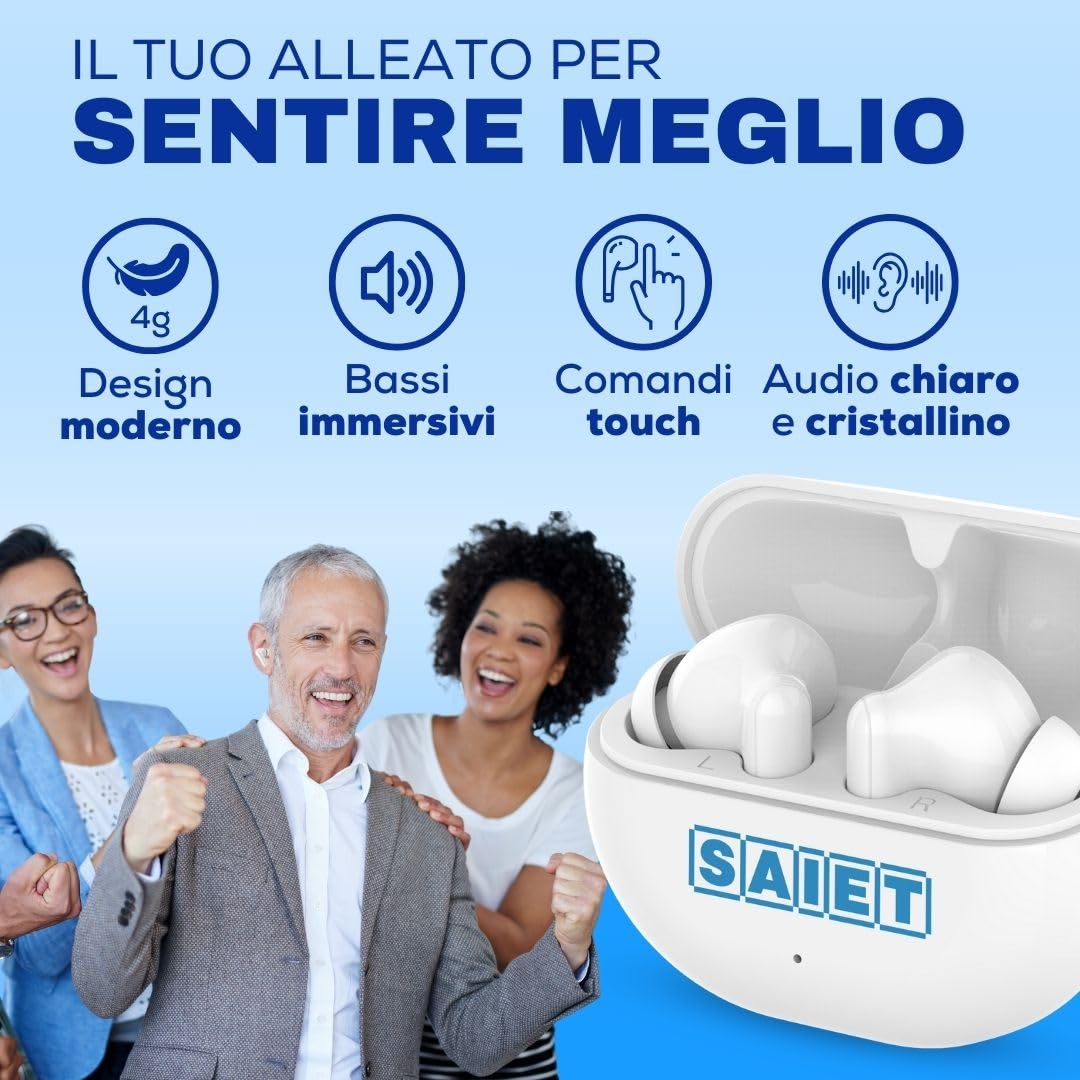 SAIET Audio MAX Auricolari per Anziani TWS con 5 Livelli di Amplificazione | Cuffie Bluetooth con Amplificazione Audio per Chiamate e Musica, App Dedicata, Design Moderno, Fino a 20 Ore di Autonomia