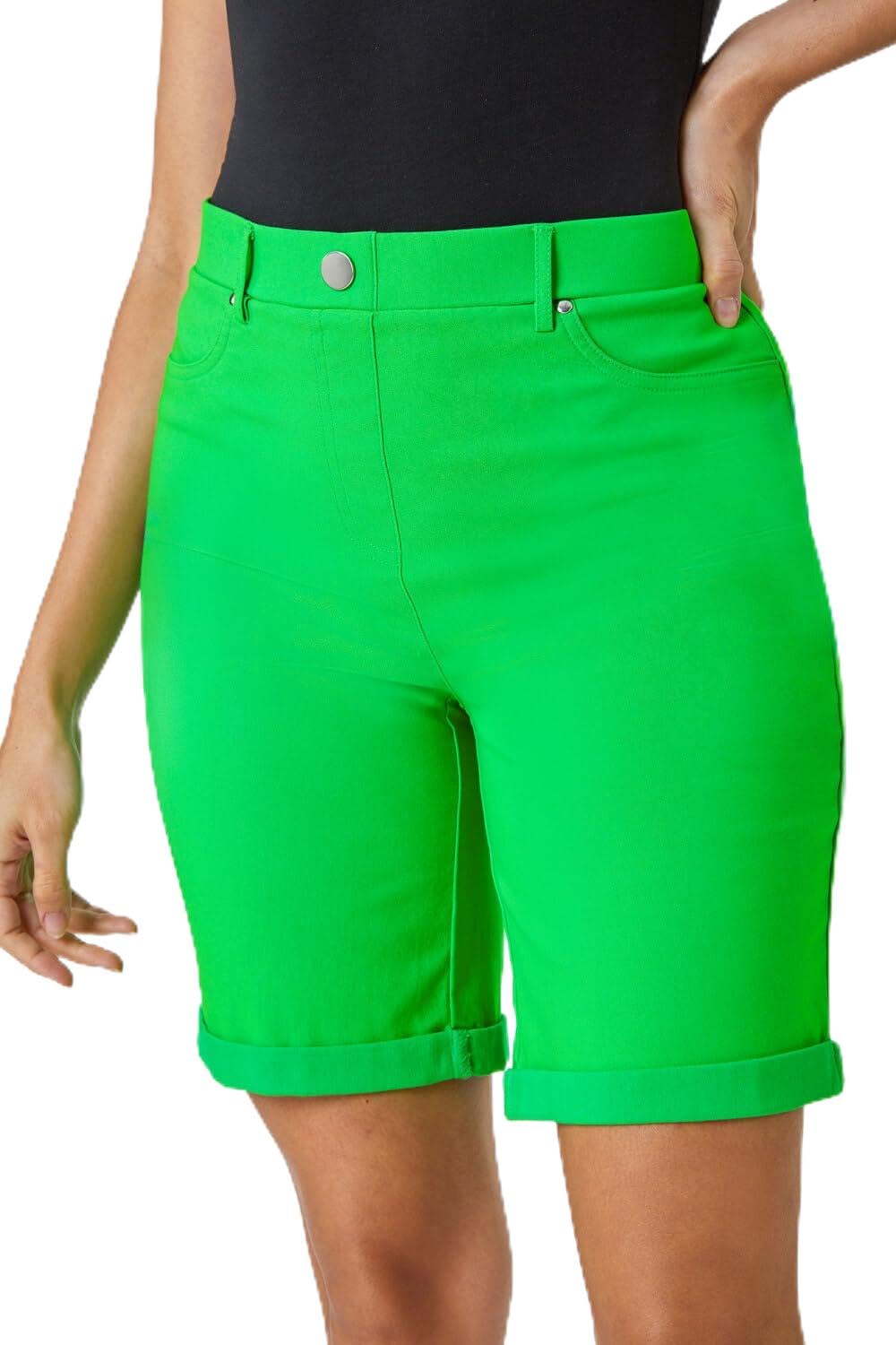 Roman Originals Women's Green Stretch Shorts For Uk Pull On Turned Hem Cut Off Bengaline Mom Boyfriend Boy Denim Casual Cropped Pants Capri Slim Fit Turn Up Summer Crops Mother - Size 20