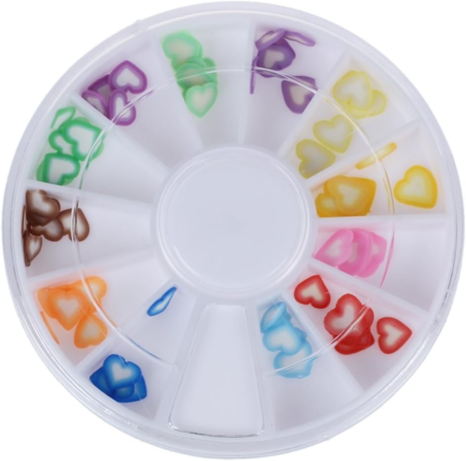 144 Pcs 12 Kinds 3D Heart-shaped Nail Art Fimo Slice Slices Decal Pieces Decoration w/ Wheel