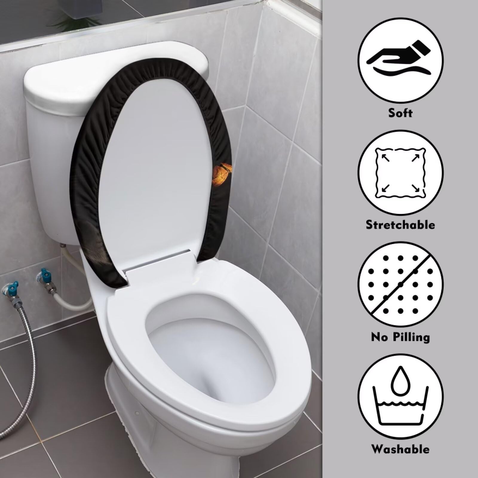 COEQINE Black Toilet Lid Cover,Cute Cat Butterfly Machine Washable Seat Covers Lid Cover Elastic Non Slip Lid Cover for Bathroom - Image 3