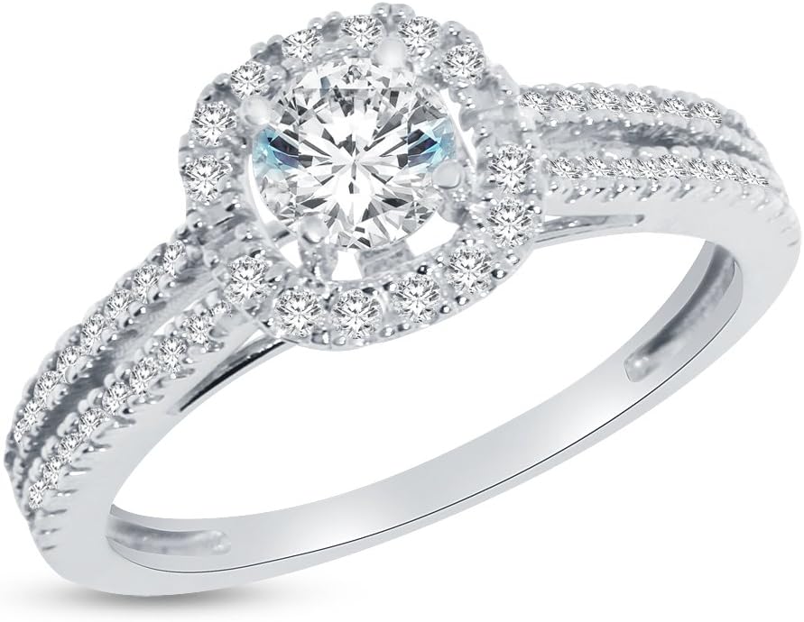 14k White Gold Round Cut Split Band Floating Halo Solitaire Engagement Ring CZ Cubic Zirconia (1.50cttw., .50ct. Center)