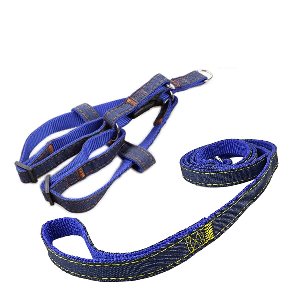 Newtensina Fashion Dogs Harness and Leash Set Denim Cloth Puppy Harness with Leashes for Dogs - Blue - S