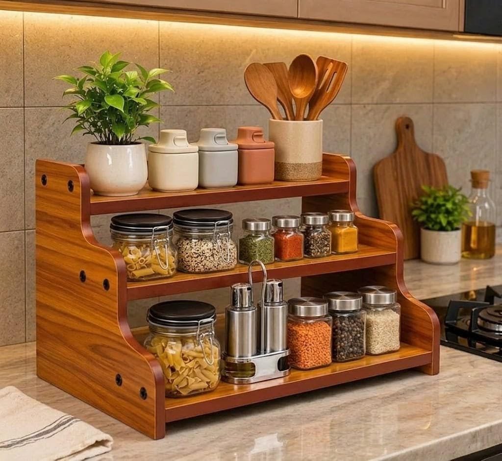 3-Tier Wooden Step Spice Rack, Countertop Storage Organiser for Kitchen Pantry, Cabinet, Jars and Seasonings-image-25