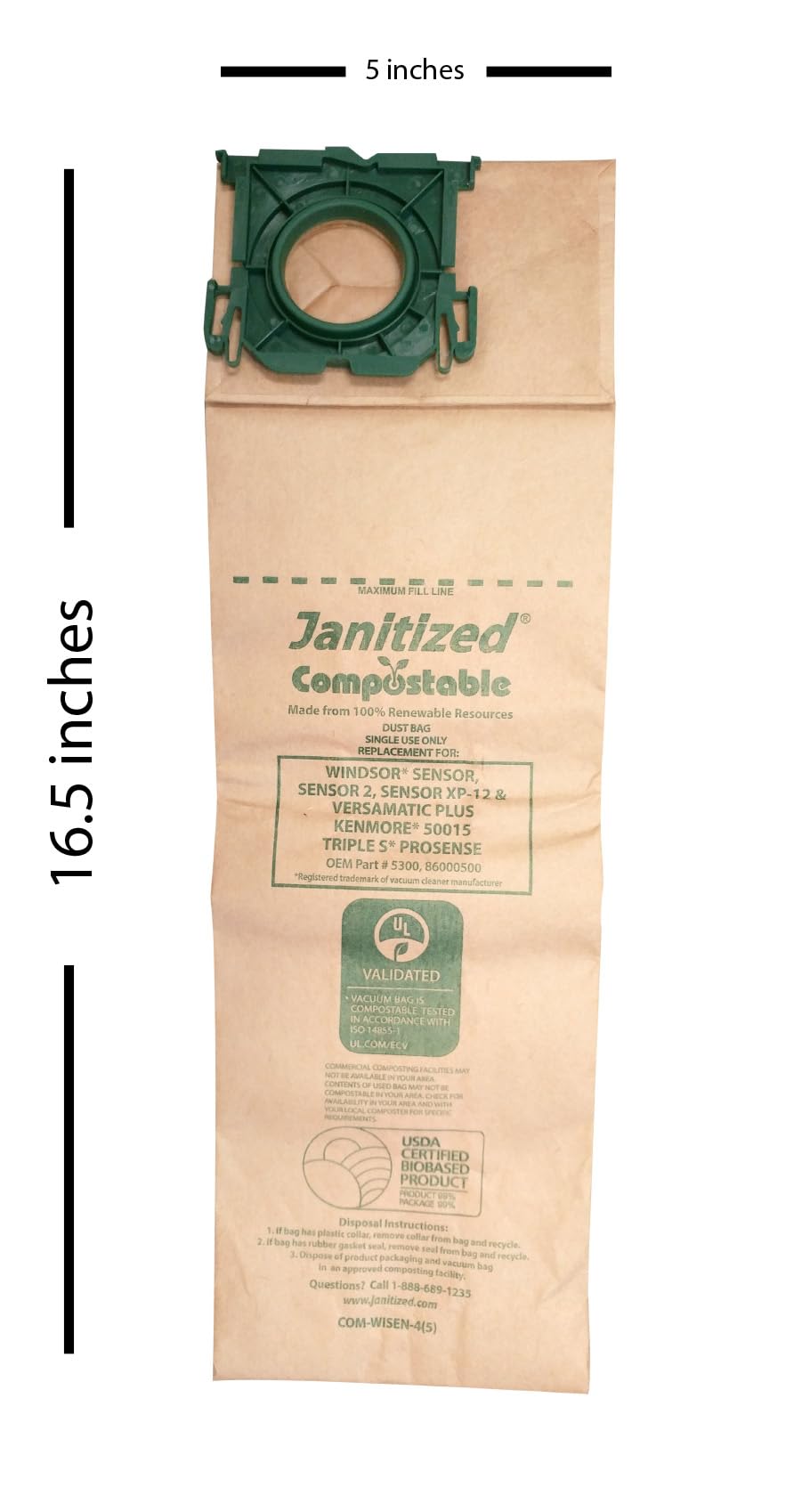 janitized com-wisen-4 (5) compostable papel Premium de repuesto bolsas de vacío comercial para sensor de Windsor/XP, Versamatic Plus, Triple S prosense y Kenmore 50015 aspiradoras (Pack de 50)