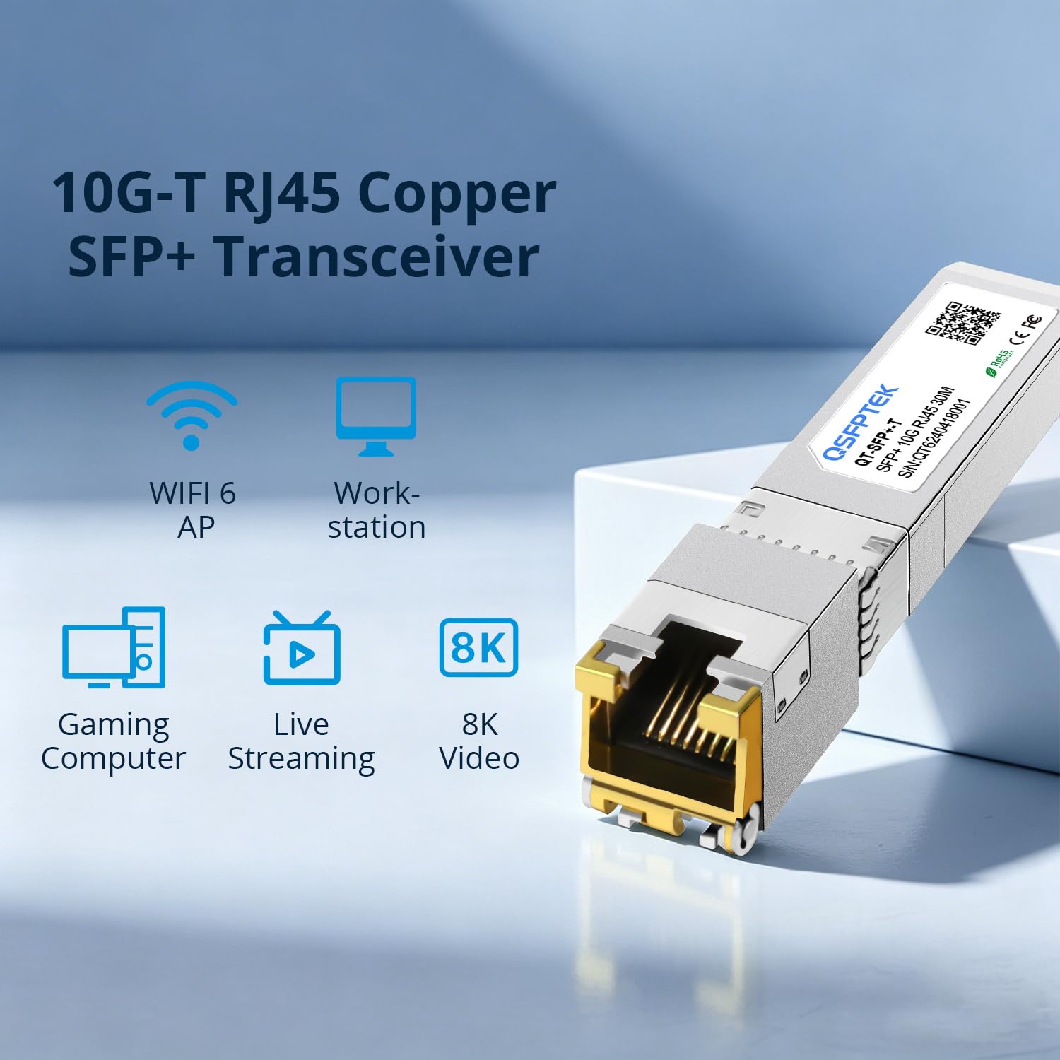 QSFPTEK 2Pack 10GBase-T RJ45 SFP+ Transceiver 30m 1.25/2.5/5/10G-T Modulo per Cisco SFP-10G-T-S, Ubiquiti UF-RJ45-10G, Mikrotik, Supermicro