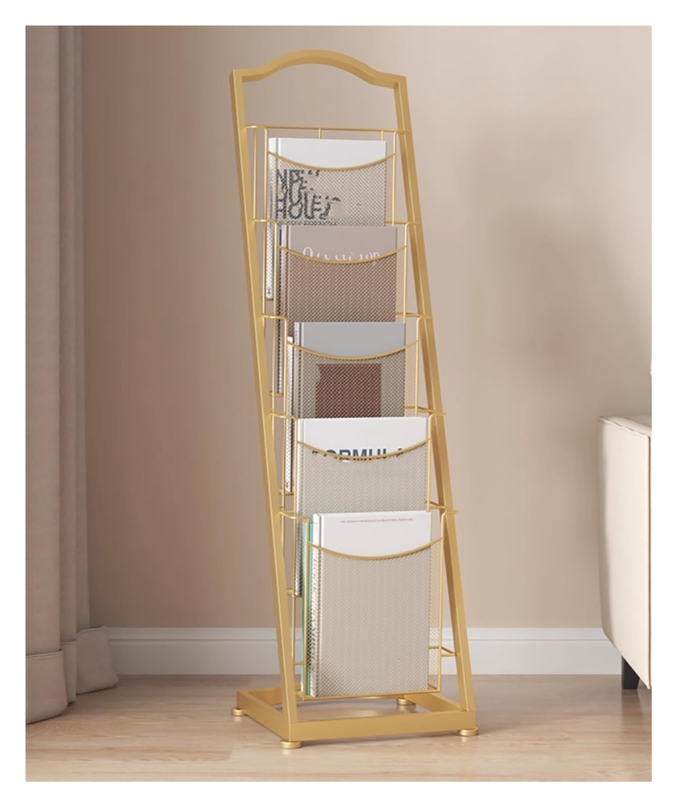 Jkjzsalj Gold Metal Modern Brochures Holder Magazine Rack Floor-Standing,Large Tall Literature Display Stand Shelf For Bathroom/Salon/Reception Room/Waiting Room,-33X33x114cm/13X13x44.8in