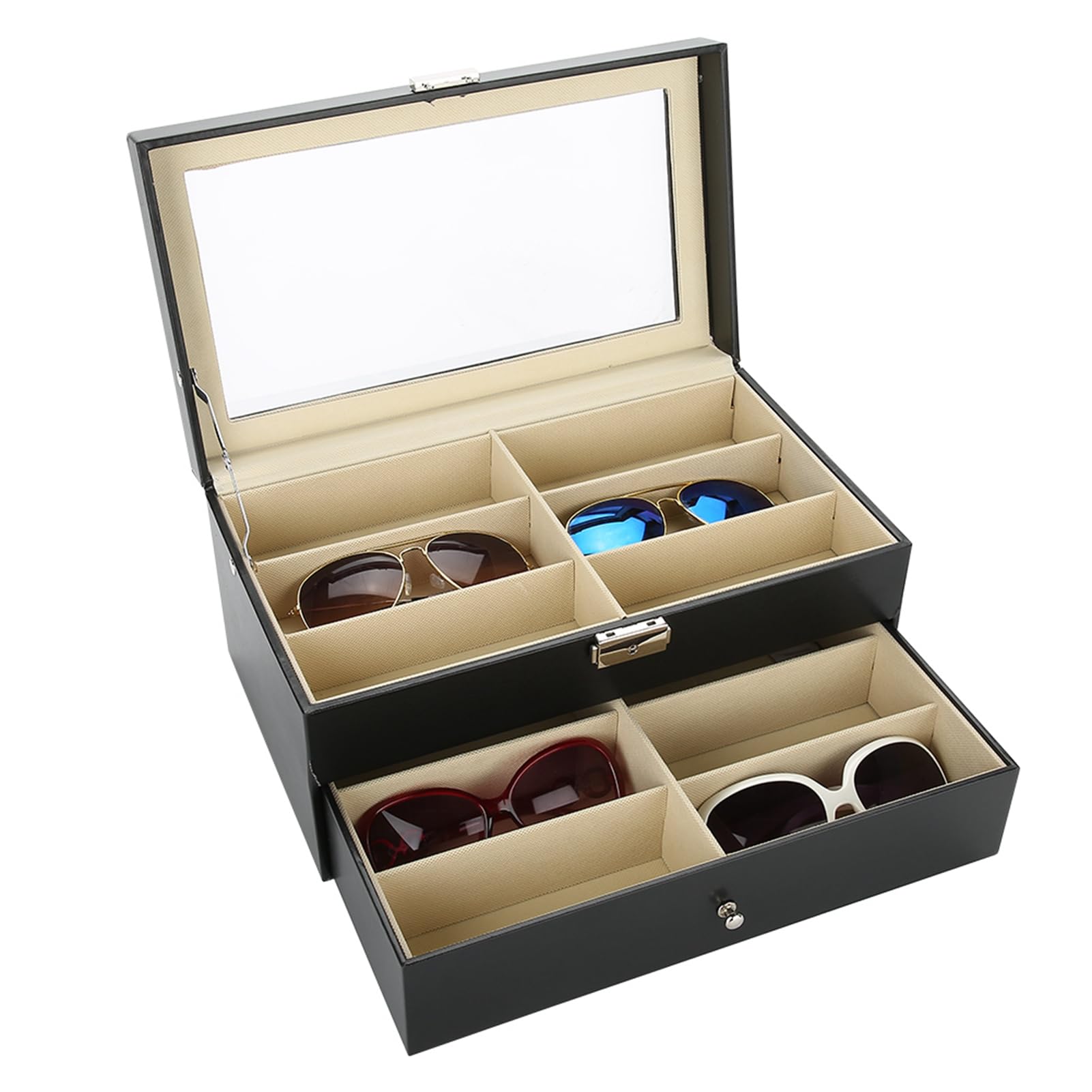 Generic Etui do Przechowywania Okularów Elegancki Dwuwarstwowy Organizer do Domowego Biura z 12 Przegródkami z Czarnej Skóry PU