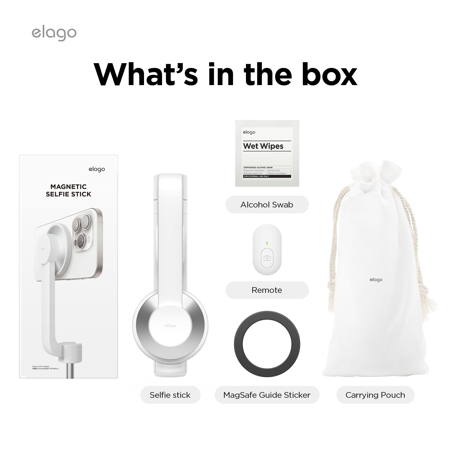 elago Bastone per selfie magnetico e treppiede Compatibile con MagSafe per iPhone e Galaxy, Forte Magnetismo, Portatile, Leggero [Custodia, Telecomando Bluetooth, Adesivo guida Incluso] (Bianco)