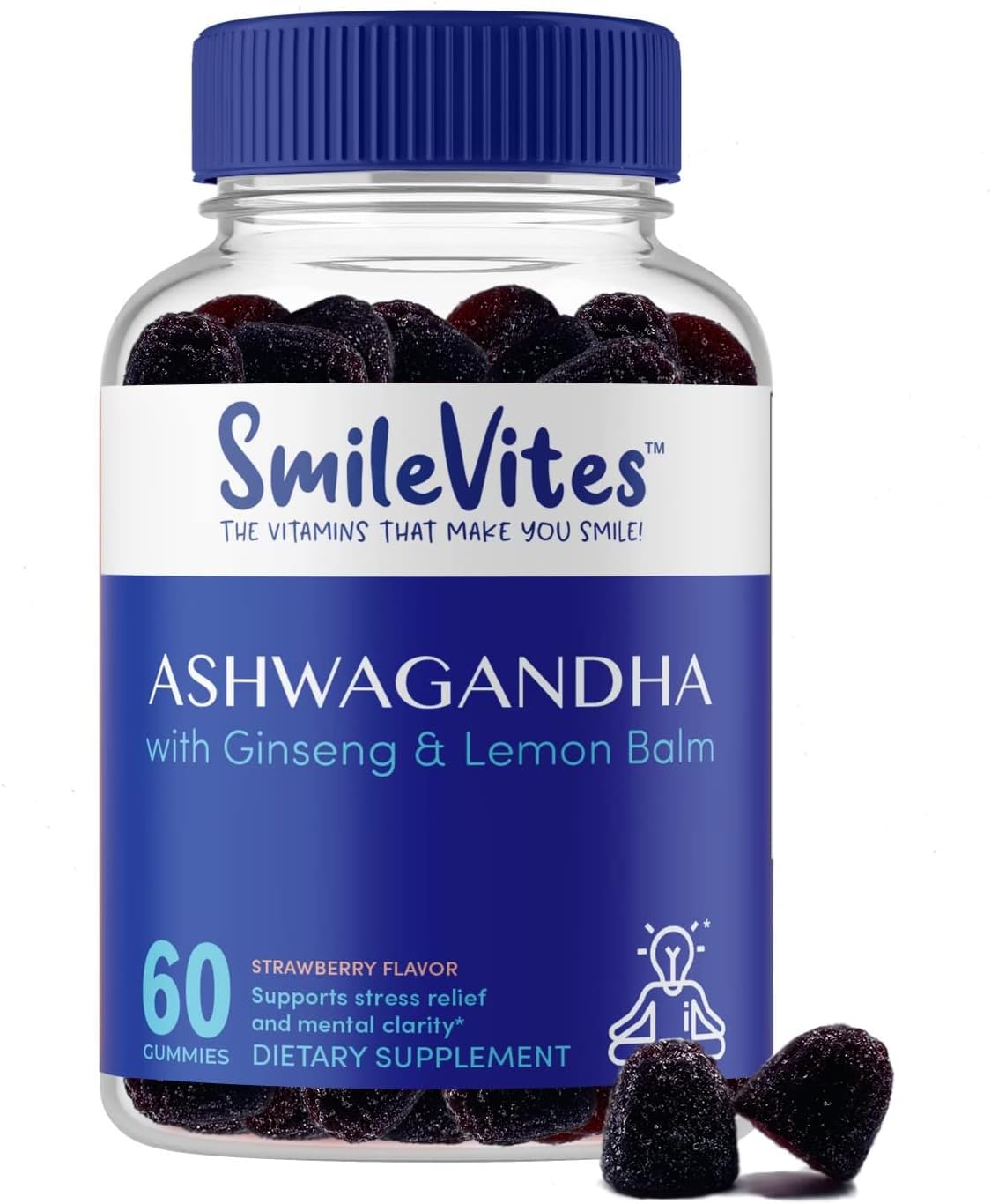 SmileVites Ashwagandha Gummy with Ginseng & Lemon Balm - Supplement for Stress Relief, Mood & Mental Clarity - Gluten Free, Gelatin Free, Vegan Friendly, GMO Free & Kosher - 120 Count (2 Month Supply)