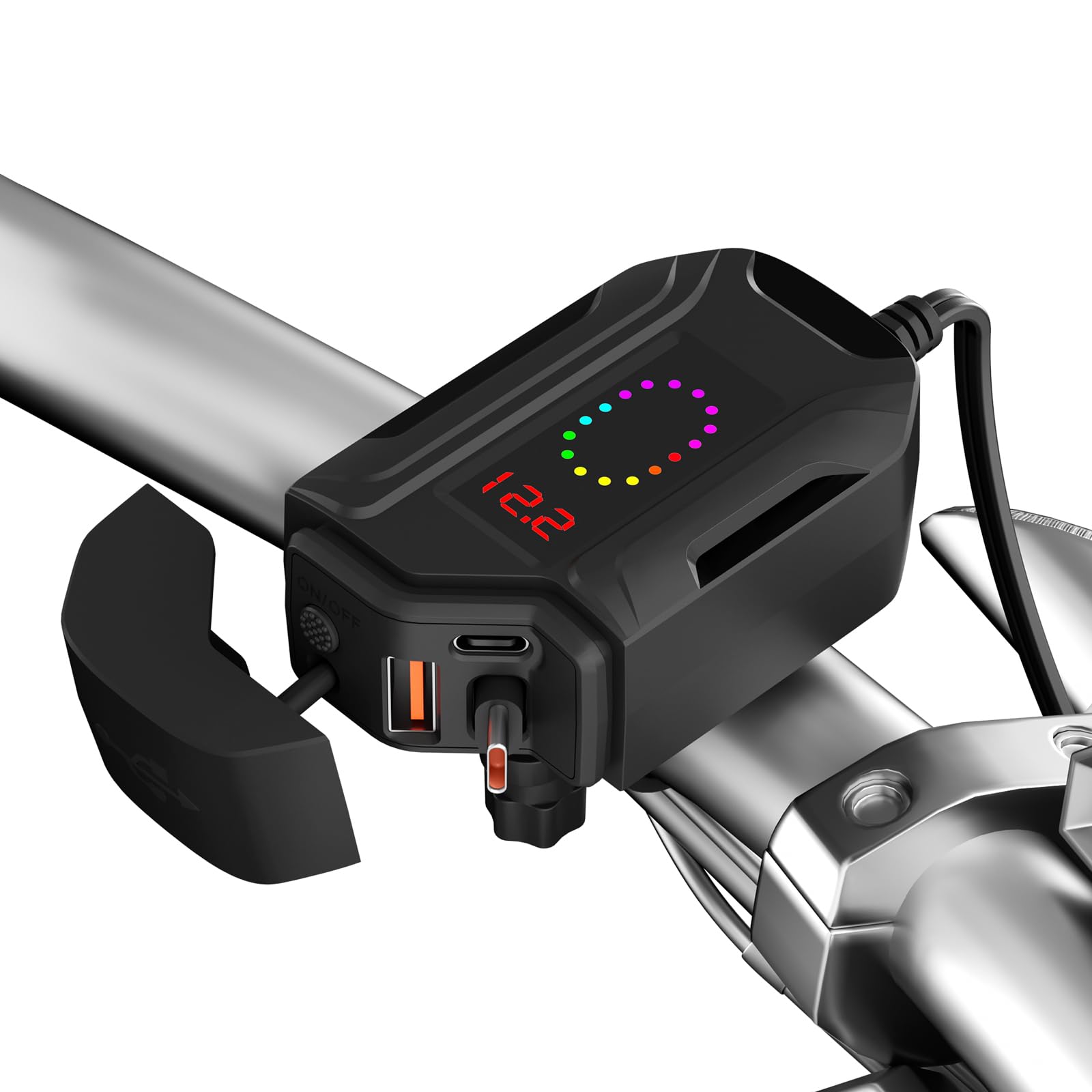 Motocyklowy adapter USB z woltomierzem, wyłącznikiem, IP65, podwójny USB-C PD i USB-A do telefonu, tabletu, GPS