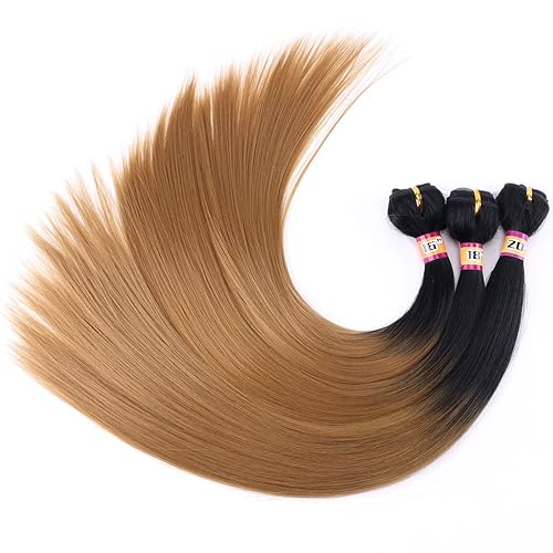 Miniatura 7 de Extensiones de cabello lacio y sedoso, tejido de cabello sintético, 3 paquetes de dos tonos degradado negro a dorado, T127 (16 pulgadas, 18