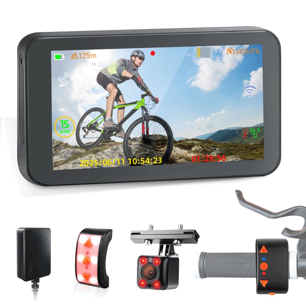 VSYSTO Espejo para bicicleta, cámara de visión trasera para bicicleta con monitor HD de 4,5 pulgadas, cámara wifi, visión nocturna, registro de kilometraje, velocidad, calorías, para bicicleta de