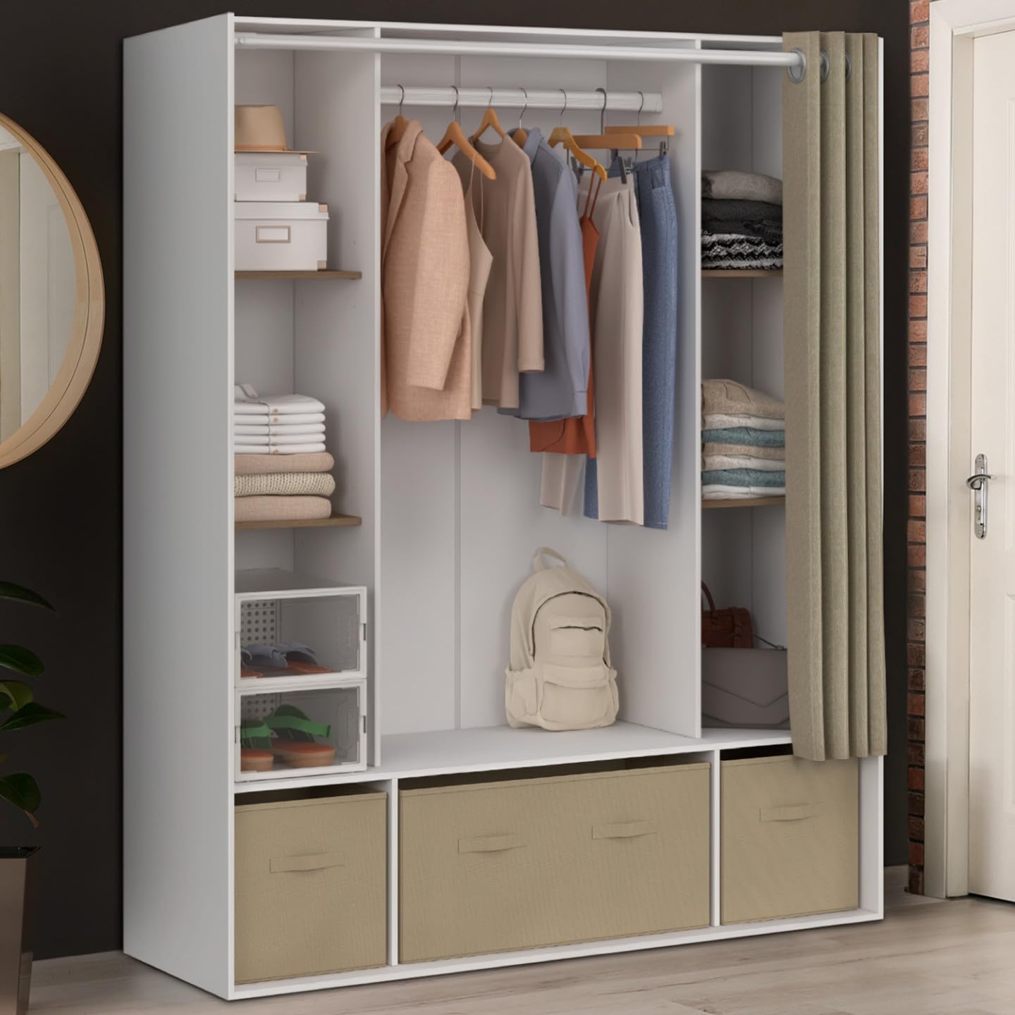 IDMarket - Dressing double penderie DIANE 140 x 45 x 167 cm blanc avec étagères + boites de rangement + rideau taupe