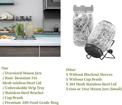 Miniatura 3 de Lulonpon Juego de 4 tarros de germinación, tarros de boca ancha con tapas de brotes de pantalla de acero inoxidable, 3.386 in, 33.8 fl oz, soporte,