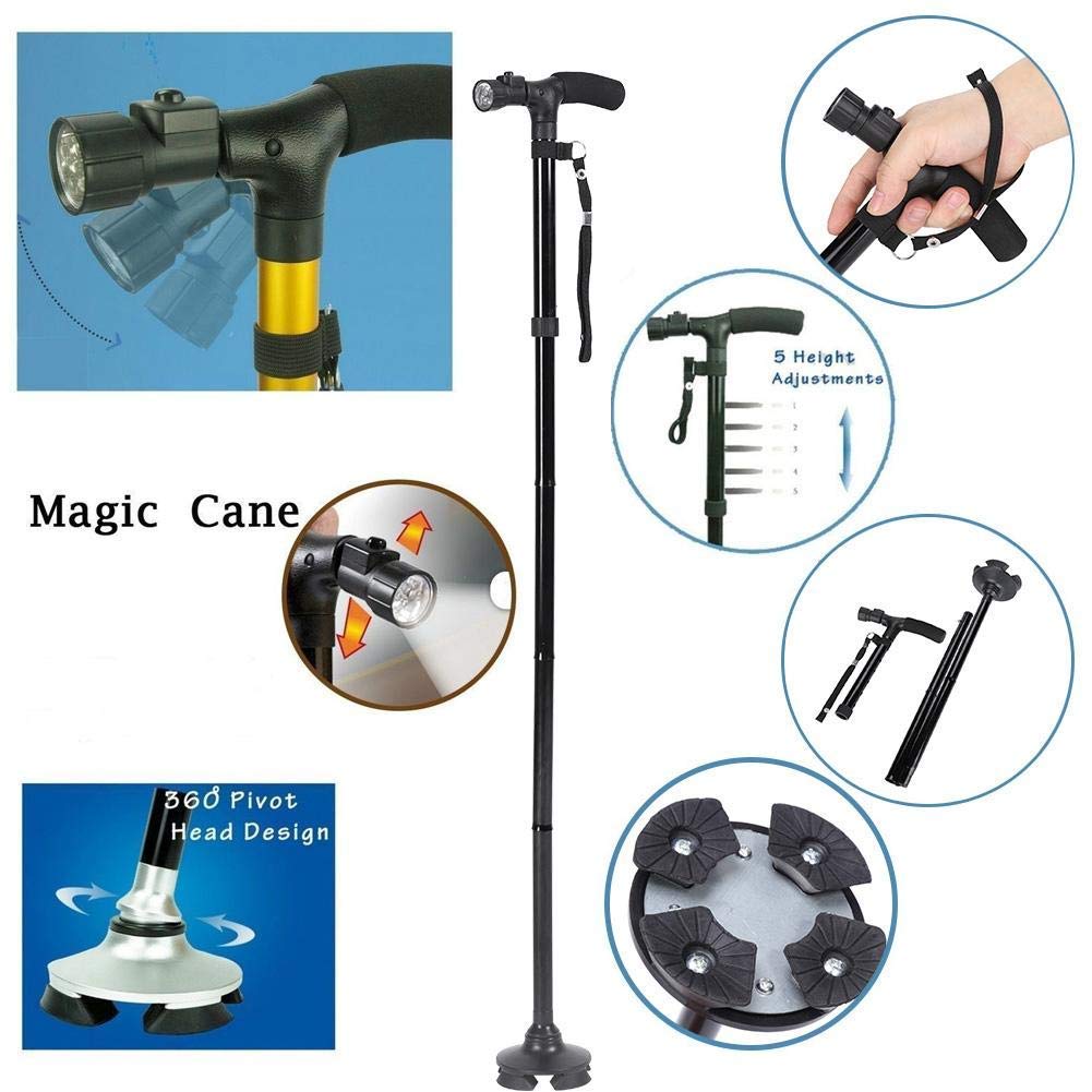Uxsiya Bastone da passeggio portatile pieghevole anti-shock regolabile in altezza per anziani e arrampicata (nero senza luce LED)