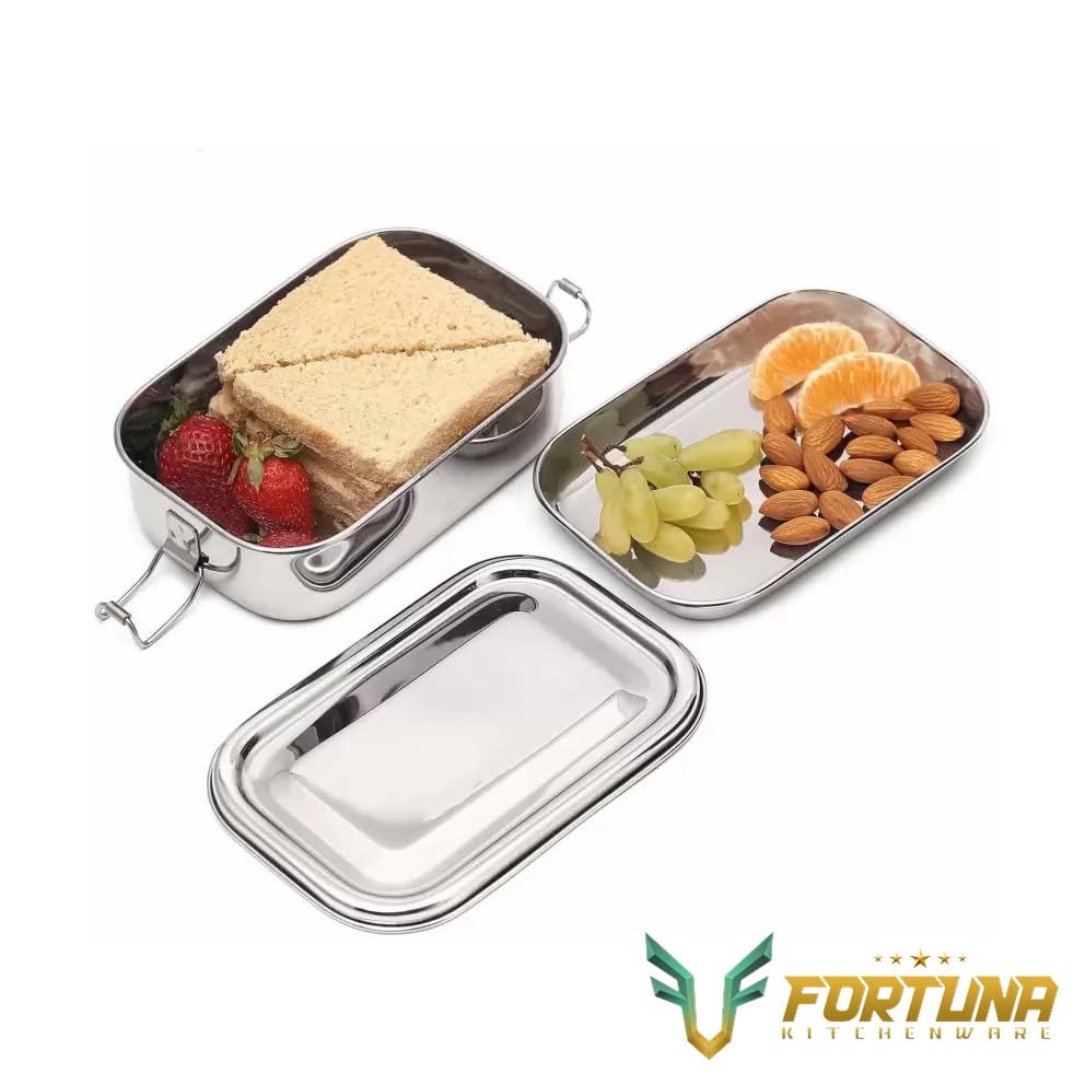 Image of Stainless Steel Lunch Box Rectangle - 450ml | Compartment Traditional Tiffin Box with Seperator Plate | Easy to Carry, Locking Clip | Ideal for School, Office, Men, Women (Small)