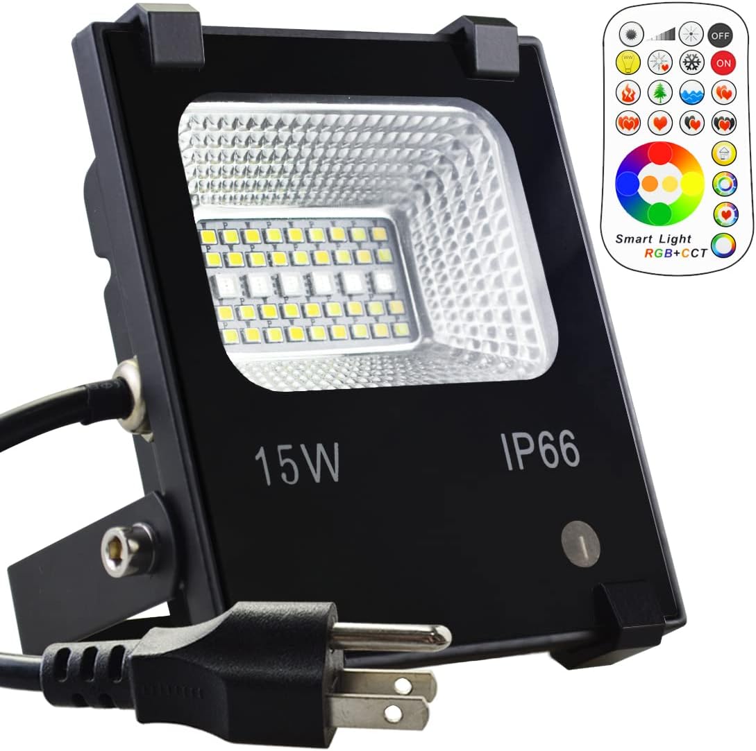 LED Flood Light Outdoor, 15W Color Changing Floodlight with Remote, 120 RGB Colors, Warm White to Daylight Tunable, IP66 Waterproof, US 3-Plug